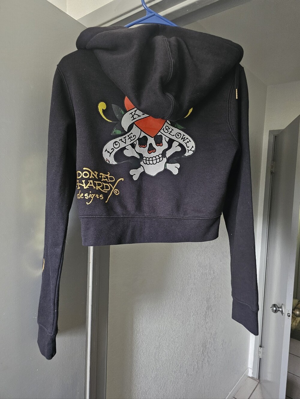 Ed Hardy Black Cropped Hoodie with Red Heart Skull Graphic
